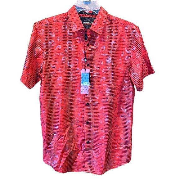 PERRUZO Large short sleeve shirt in a luxury metro print - red with holographic - Picture 1 of 10